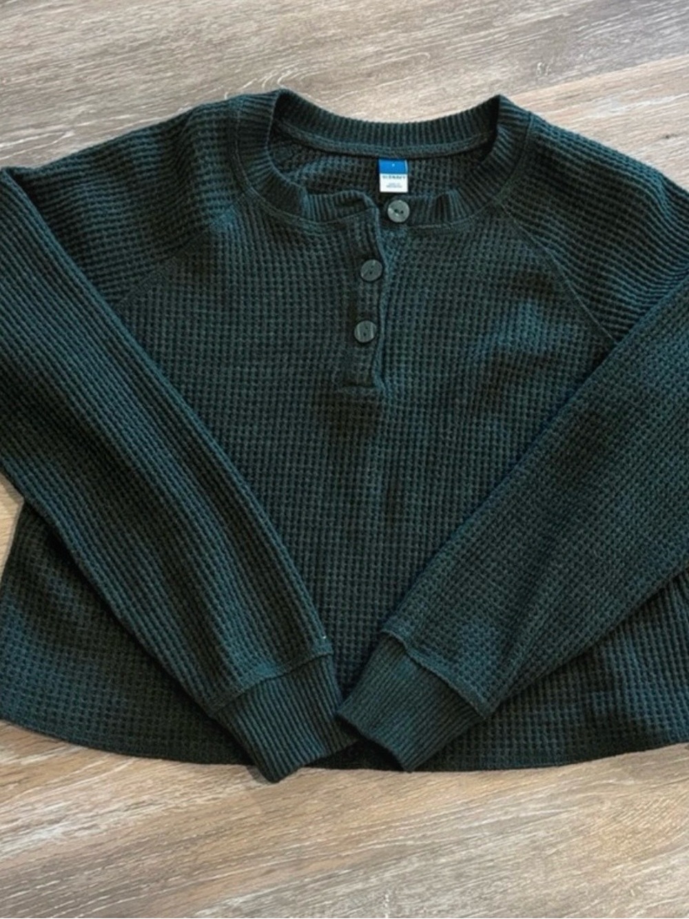 Old Navy Dark Green Waffle Henley Long Sleeve Top